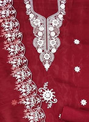 Radiant Red Organza Embroidered Unstitched Dress Material with Dupatta 4