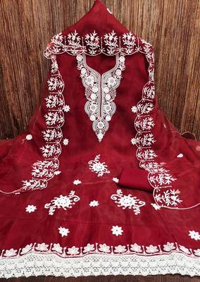 Radiant Red Organza Embroidered Unstitched Dress Material with Dupatta 1