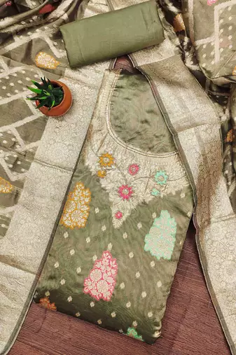 Graceful green banarasi jacquard weaving dress material with dupatta