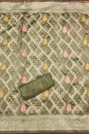 Graceful green banarasi jacquard weaving dress material with dupatta