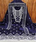 Sophisticated navy blue chanderi cotton embroidered dress material with dupatta