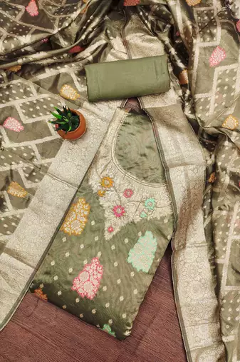 Graceful green banarasi jacquard weaving dress material with dupatta