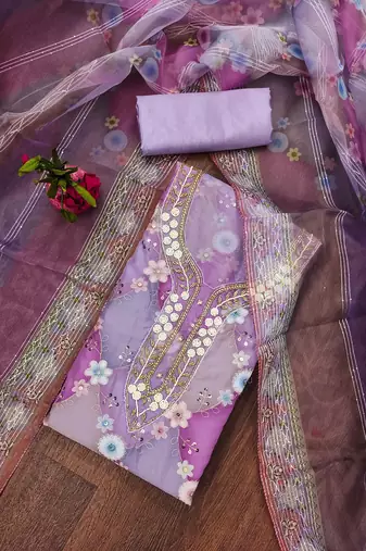 Chic purple organza sequence dress material with dupatta