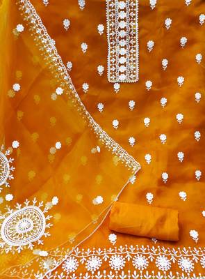 Yellow heavy thread embrodiery and fancy border with embroidered dupatta organza dress materials 3