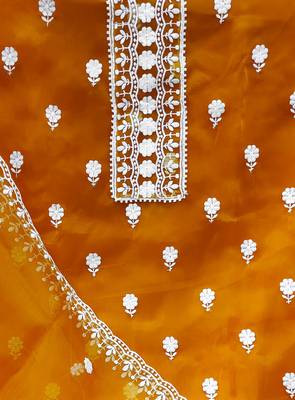 Yellow heavy thread embrodiery and fancy border with embroidered dupatta organza dress materials 4