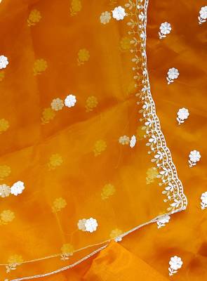 Yellow heavy thread embrodiery and fancy border with embroidered dupatta organza dress materials 5