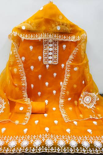 Yellow heavy thread embrodiery and fancy border with embroidered dupatta organza dress materials