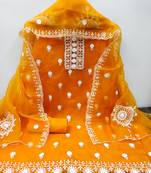 Yellow heavy thread embrodiery and fancy border with embroidered dupatta organza dress materials