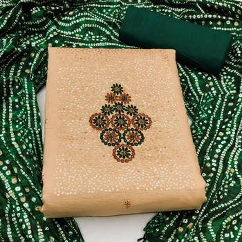 Beige heavy thread sequence embrodiery and fancy border with designer bandhani print dupatta cotton dress materials 2