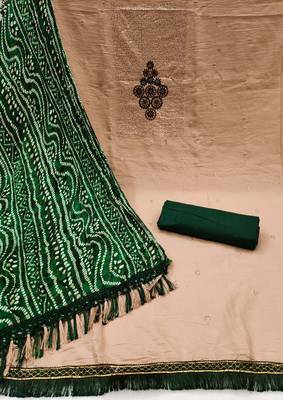 Beige heavy thread sequence embrodiery and fancy border with designer bandhani print dupatta cotton dress materials 3