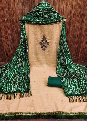 Beige heavy thread sequence embrodiery and fancy border with designer bandhani print dupatta cotton dress materials 1