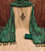 Beige heavy thread sequence embrodiery and fancy border with designer bandhani print dupatta cotton dress materials