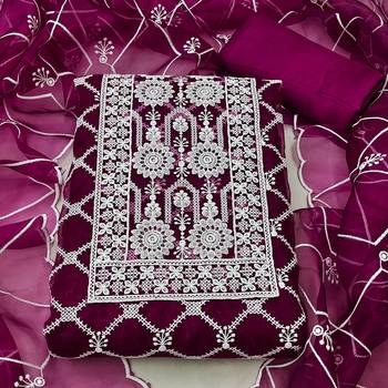Magenta heavy thread embrodiery and fancy border with designer embroidered dupatta organza dress materials 2