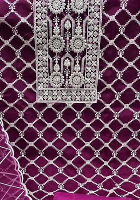 Magenta heavy thread embrodiery and fancy border with designer embroidered dupatta organza dress materials 3