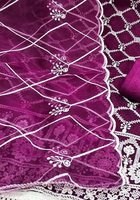Magenta heavy thread embrodiery and fancy border with designer embroidered dupatta organza dress materials 4