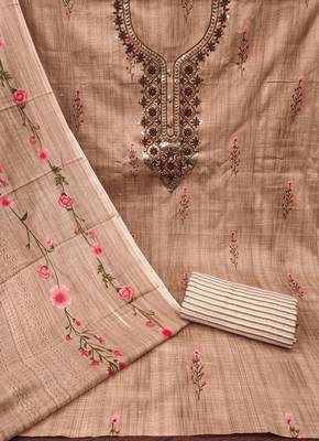 Beige Sequin Embroidered Unstitched Dress Material with Printed Dupatta 2