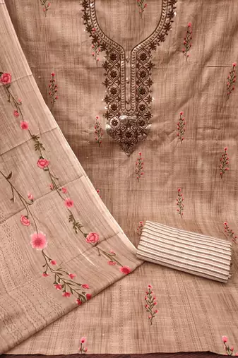 Beige Sequin Embroidered Unstitched Dress Material with Printed Dupatta