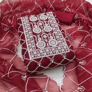 Maroon heavy thread embrodiery and fancy border with designer embroidered dupatta organza dress materials 3