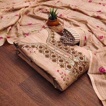 Beige Sequin Embroidered Unstitched Dress Material with Printed Dupatta 3