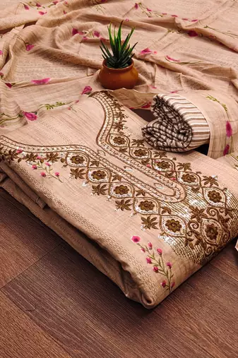 Beige Sequin Embroidered Unstitched Dress Material with Printed Dupatta