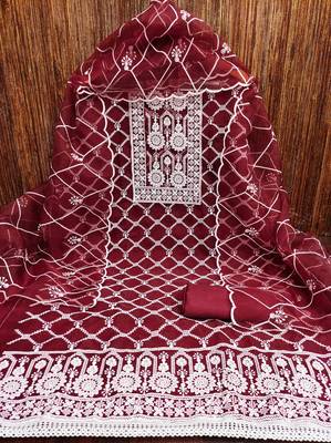 Maroon heavy thread embrodiery and fancy border with designer embroidered dupatta organza dress materials 4