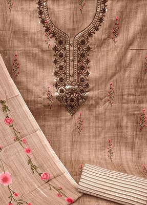Beige Sequin Embroidered Unstitched Dress Material with Printed Dupatta 4