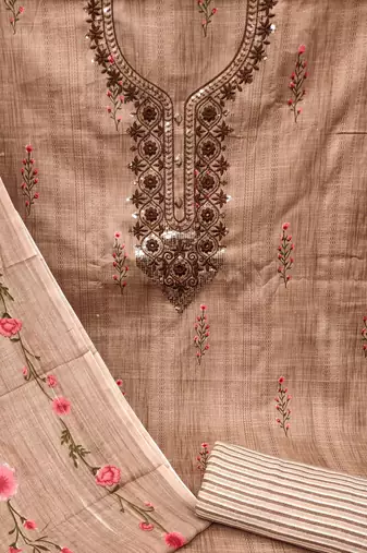 Beige Sequin Embroidered Unstitched Dress Material with Printed Dupatta