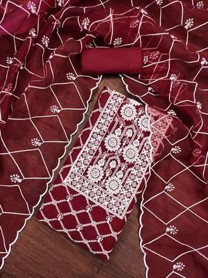 Maroon heavy thread embrodiery and fancy border with designer embroidered dupatta organza dress materials 1