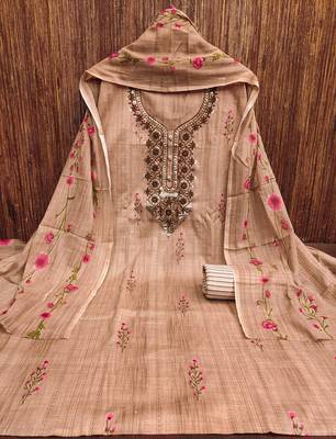Beige Sequin Embroidered Unstitched Dress Material with Printed Dupatta 1