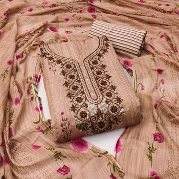 Beige Sequin Embroidered Unstitched Dress Material with Printed Dupatta 5
