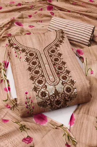 Beige Sequin Embroidered Unstitched Dress Material with Printed Dupatta