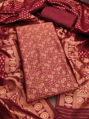Maroon Jacquard Silk with Heavy Weaving and Zari Work Dress Material 1