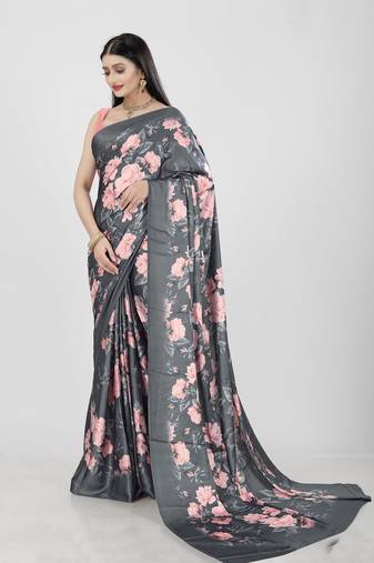 Women'S Multicolor Pure Japan Satin Digital Printed Designer Saree With Blouse