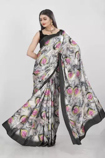 Women'S Multicolor Pure Japan Satin Digital Printed Designer Saree With Blouse