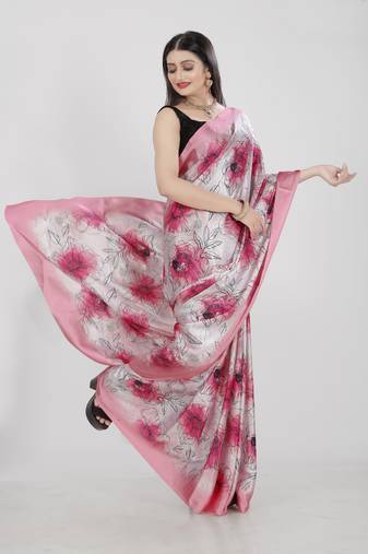 Women'S Multicolor Pure Japan Satin Digital Printed Designer Saree With Blouse