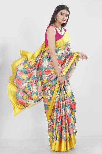 Women'S Multicolor Pure Japan Satin Digital Printed Designer Saree With Blouse
