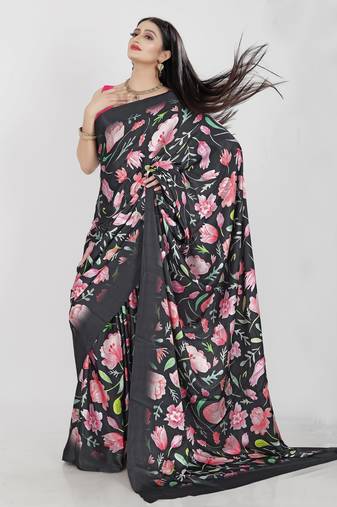 Women'S Multicolor Pure Japan Satin Digital Printed Designer Saree With Blouse