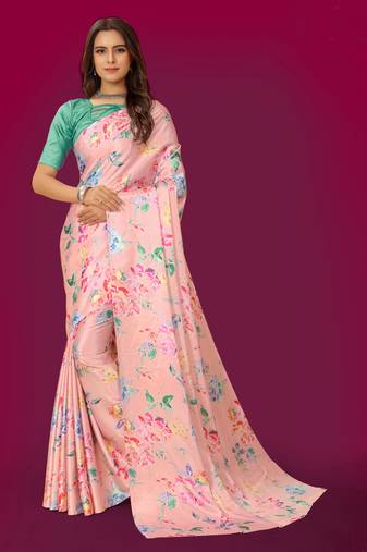 Women'S Multicolor Pure Japan Satin Digital Printed Designer Saree With Blouse