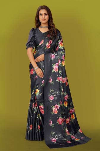 Women'S Multicolor Pure Japan Satin Digital Printed Designer Saree With Blouse