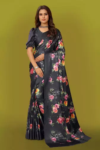 Women'S Multicolor Pure Japan Satin Digital Printed Designer Saree With Blouse
