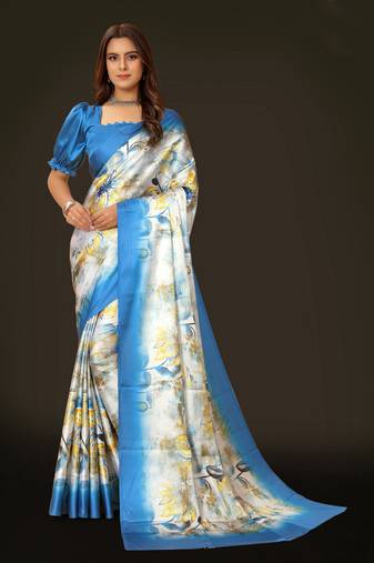 Women'S Multicolor Pure Japan Satin Digital Printed Designer Saree With Blouse
