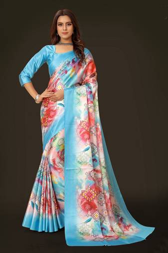 Women'S Multicolor Pure Japan Satin Digital Printed Designer Saree With Blouse