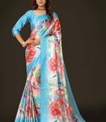 Women'S Multicolor Pure Japan Satin Digital Printed Designer Saree With Blouse