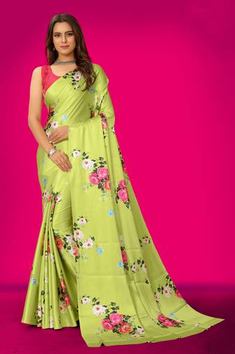 Women'S Multicolor Pure Japan Satin Digital Printed Designer Saree With Blouse