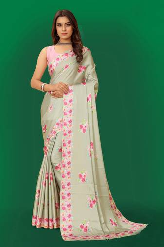 Women'S Multicolor Pure Japan Satin Digital Printed Designer Saree With Blouse