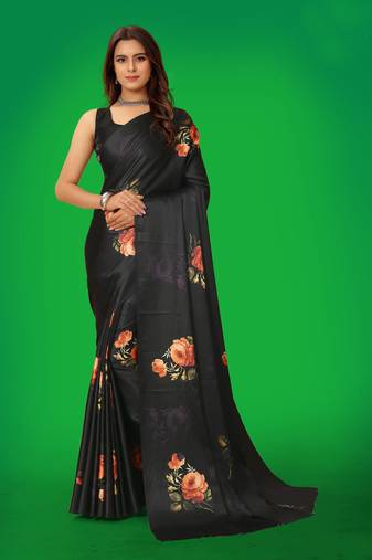 Women'S Multicolor Pure Japan Satin Digital Printed Designer Saree With Blouse