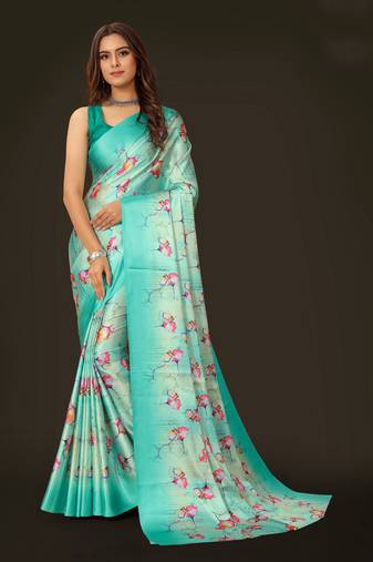 Women'S Multicolor Pure Japan Satin Digital Printed Designer Saree With Blouse