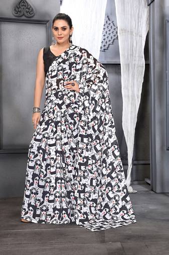 Women'S Black Faux Georgette Digital Printed Designer Saree With Blouse