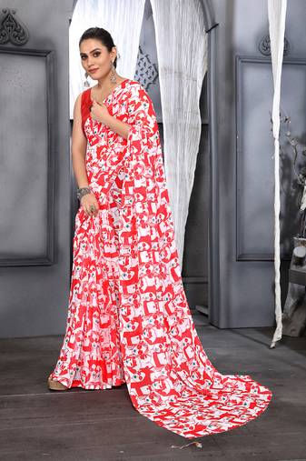 Women'S Red Faux Georgette Digital Printed Designer Saree With Blouse