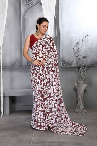 Women'S Maroon Faux Georgette Digital Printed Designer Saree With Blouse